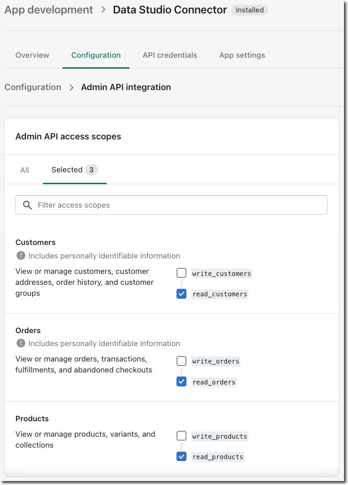 Select API scopes